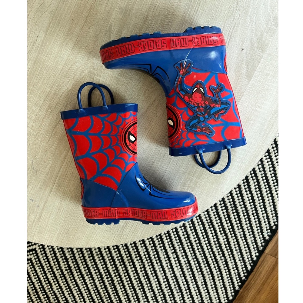 Marvel Spider-Man Kids Rain Boots Blue Red Rubber Pull On Size 11-12
